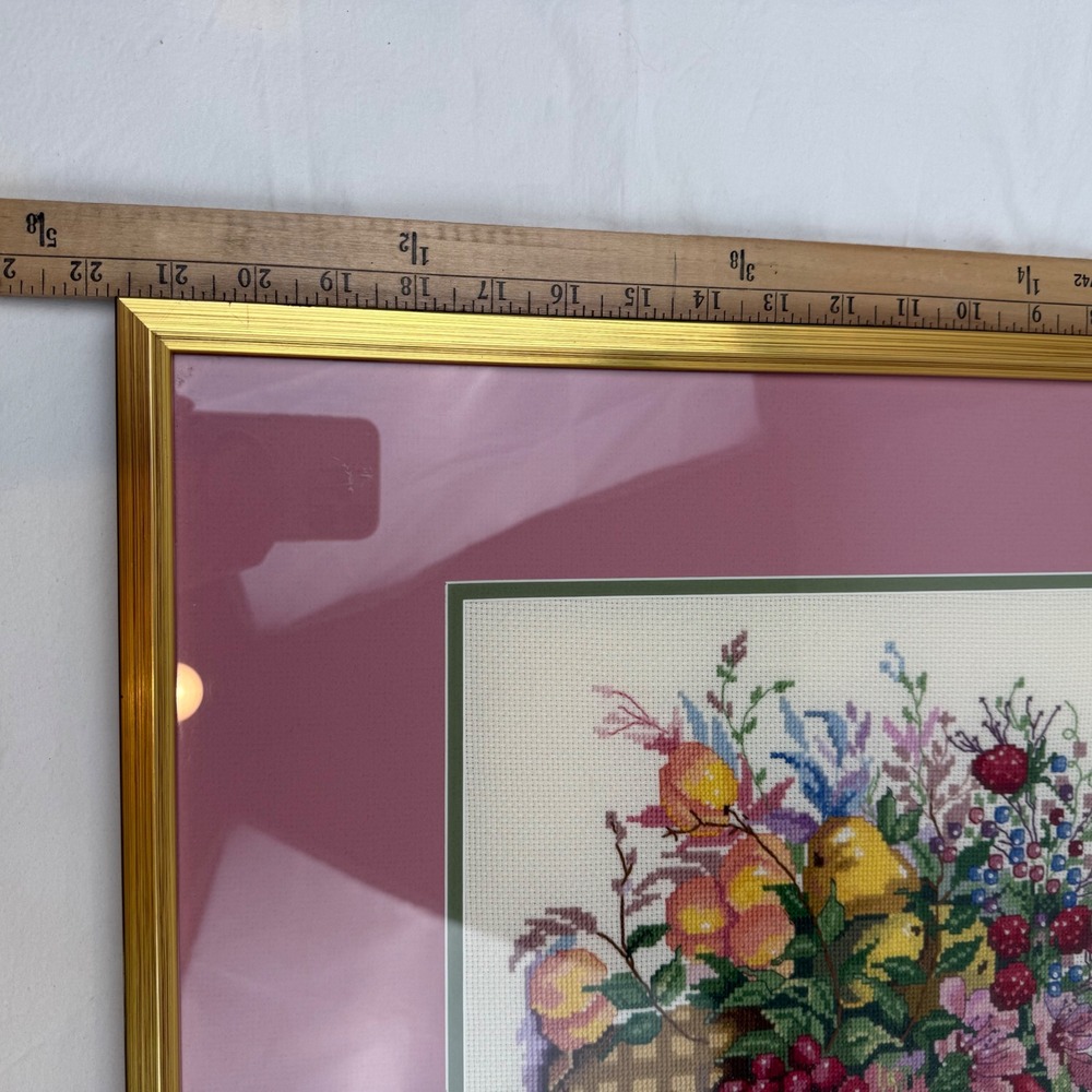 Vintage 1994 Framed Cross Stitch Fruit Basket Floral Embroidery Gold Frame 22.5" - Picture 10 of 11